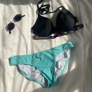 Black and floral top bathing suit